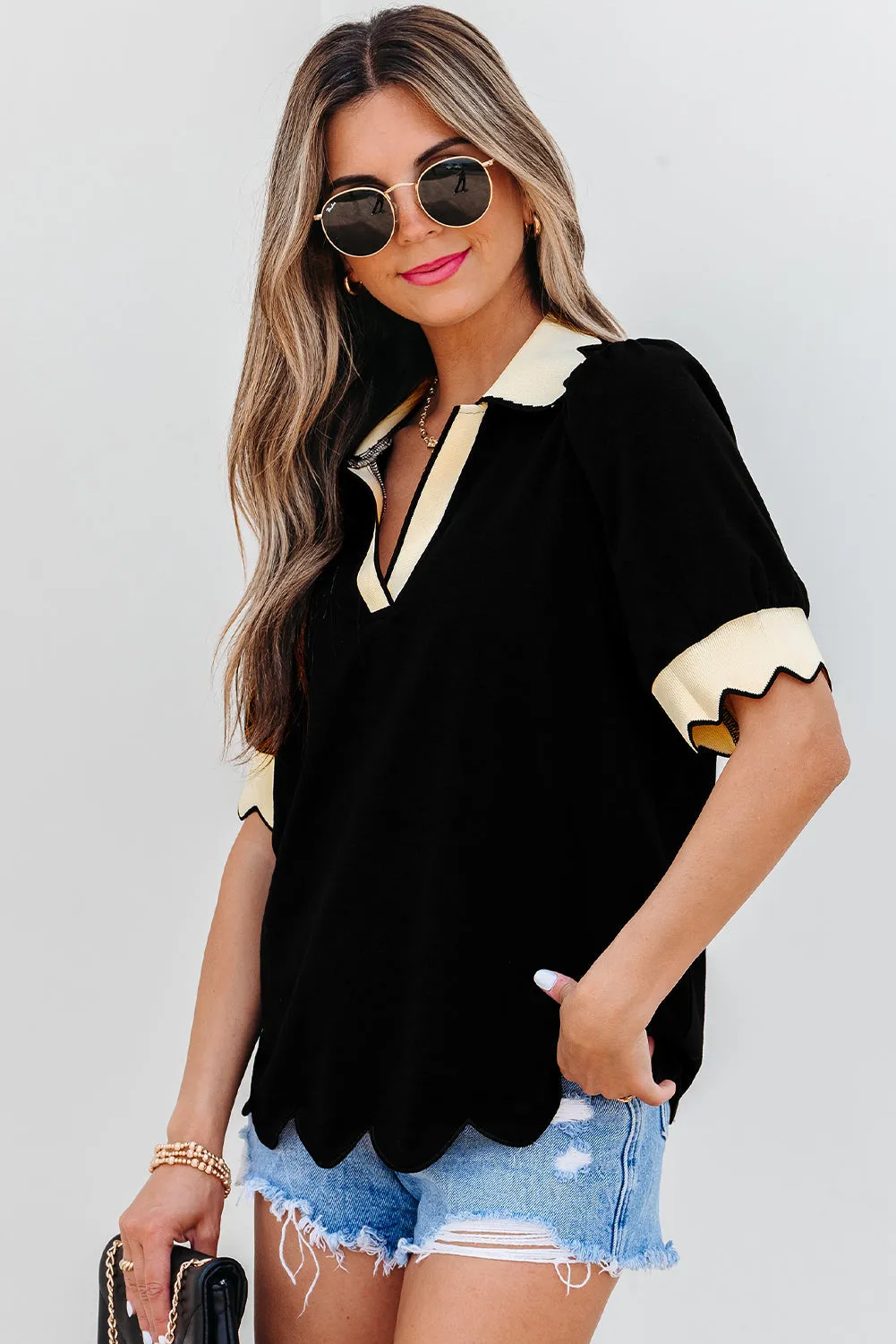 Clare Collared V Neck Puff Sleeve Blouse by Threaded Pear sold by Zulily product image thumbnail 3