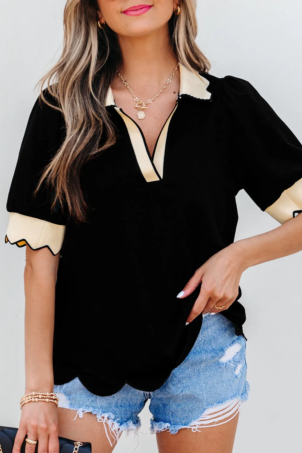 Clare Collared V Neck Puff Sleeve Blouse by Threaded Pear sold by Zulily product image thumbnail 5