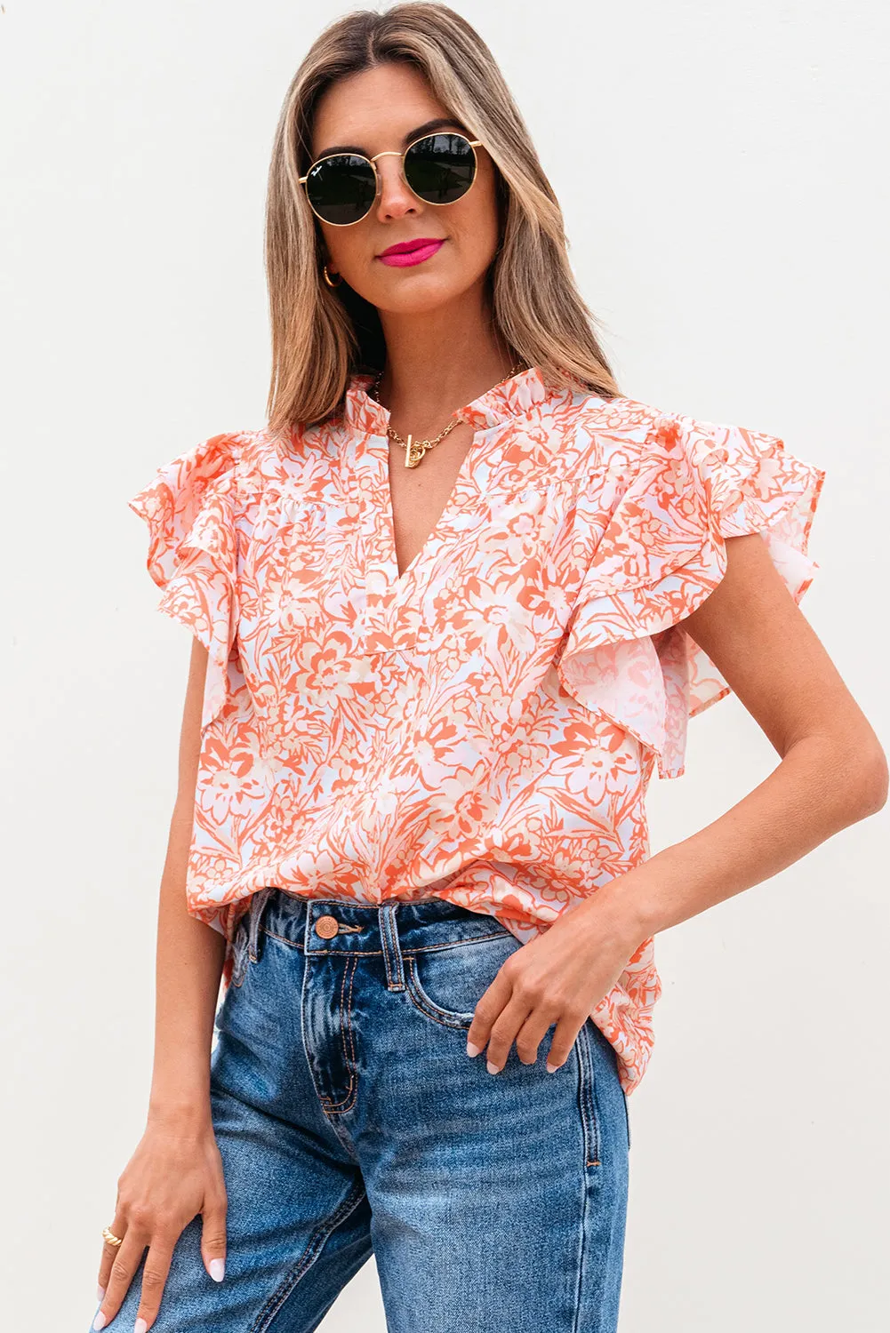 Nancy Floral Ruffle Sleeve Split Neck Blouse by Threaded Pear sold by Zulily