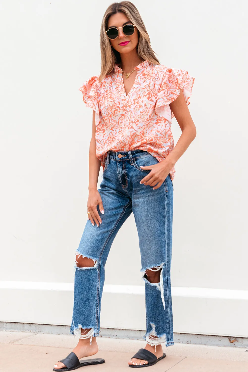 Nancy Floral Ruffle Sleeve Split Neck Blouse by Threaded Pear sold by Zulily product image thumbnail 4