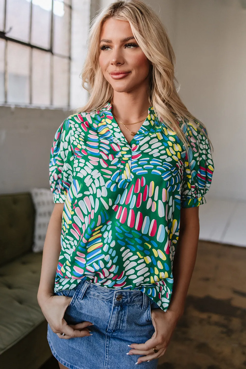 Ellianna Geometric Puff Sleeve Blouse by Threaded Pear sold by Zulily product image thumbnail 5