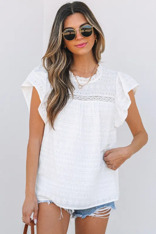 Alondra Lace Flutter Sleeve Eyelets Blouse by Threaded Pear sold by Zulily