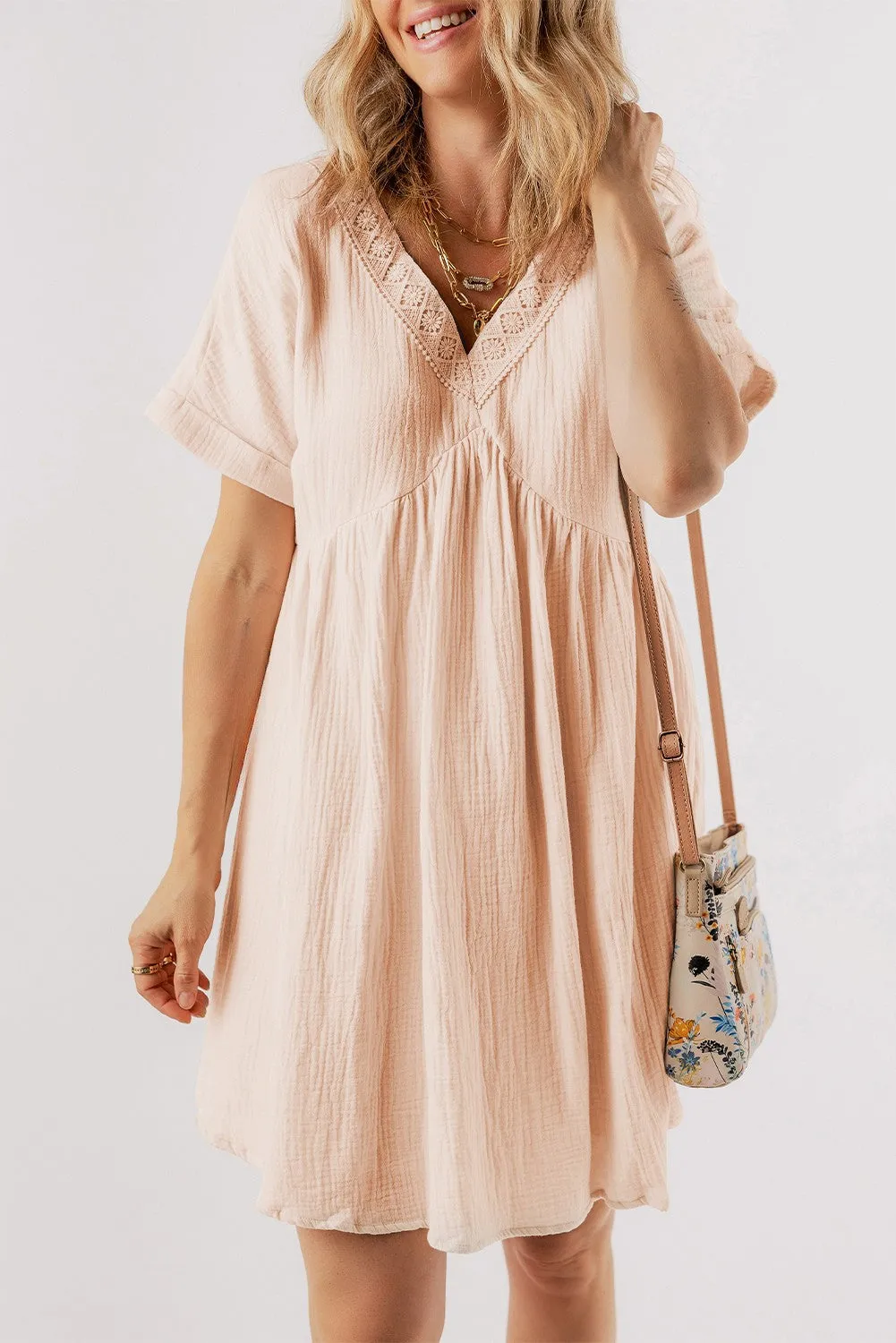 Bria Folded Short Sleeve Lace V Neck Mini Dress by Threaded Pear sold by Zulily product image thumbnail 3