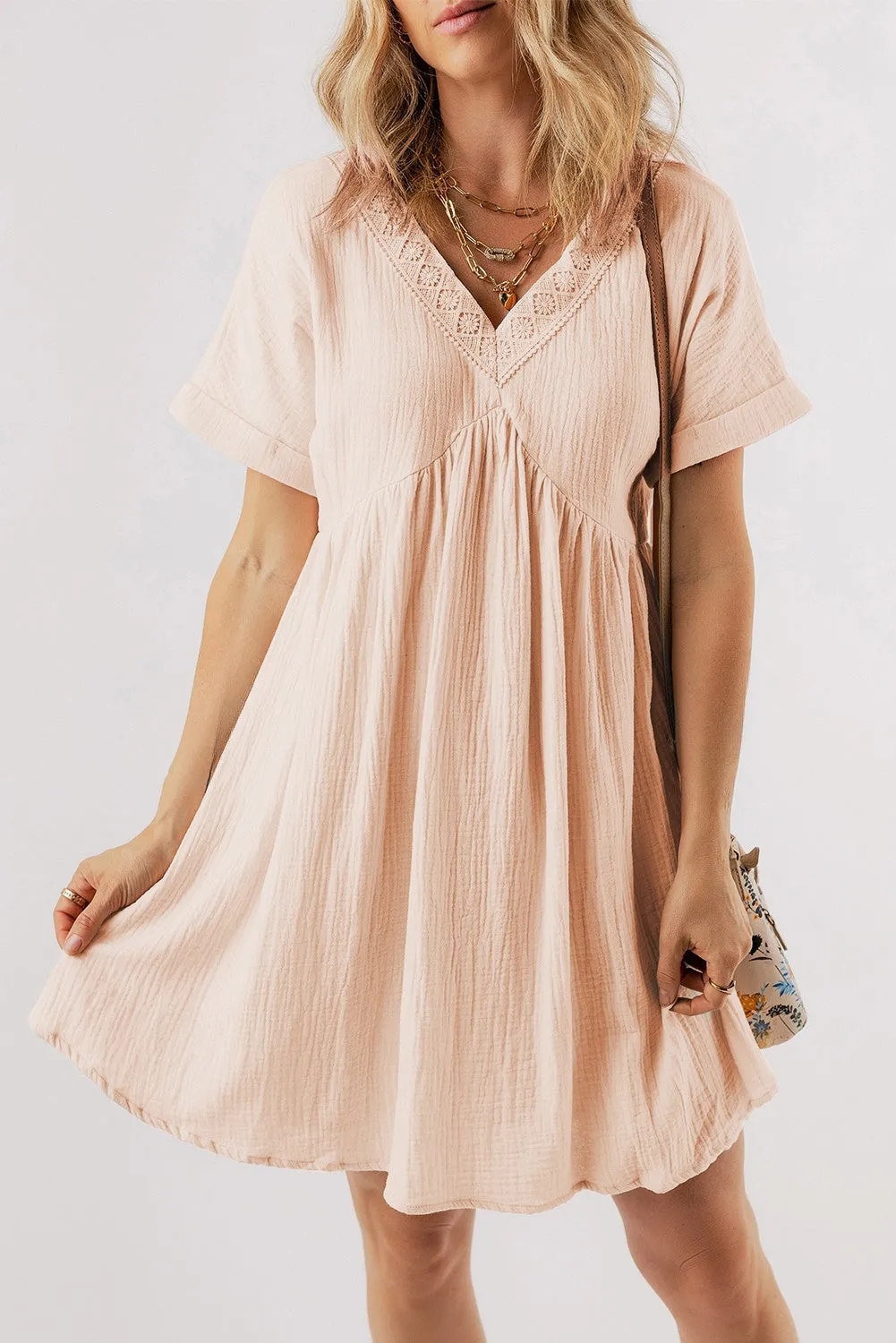 Bria Folded Short Sleeve Lace V Neck Mini Dress by Threaded Pear sold by Zulily product image thumbnail 4