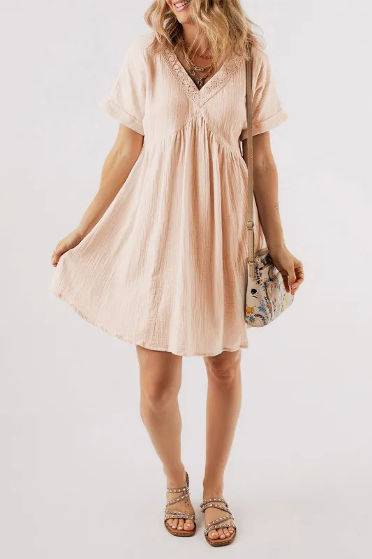 Bria Folded Short Sleeve Lace V Neck Mini Dress by Threaded Pear sold by Zulily