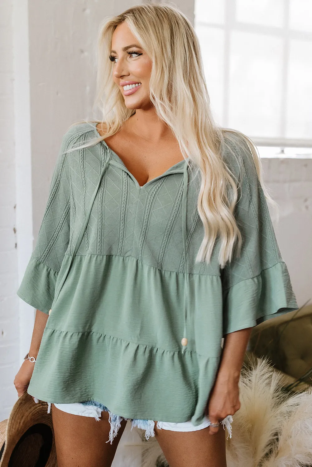 Ensley Tie Split Neck Textured Ruffle Patchwork Blouse by Threaded Pear sold by Zulily product image thumbnail 5