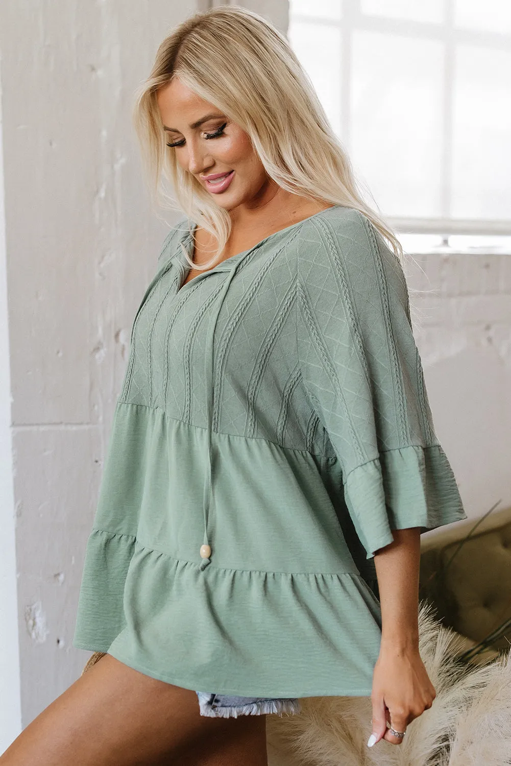 Ensley Tie Split Neck Textured Ruffle Patchwork Blouse by Threaded Pear sold by Zulily product image thumbnail 3