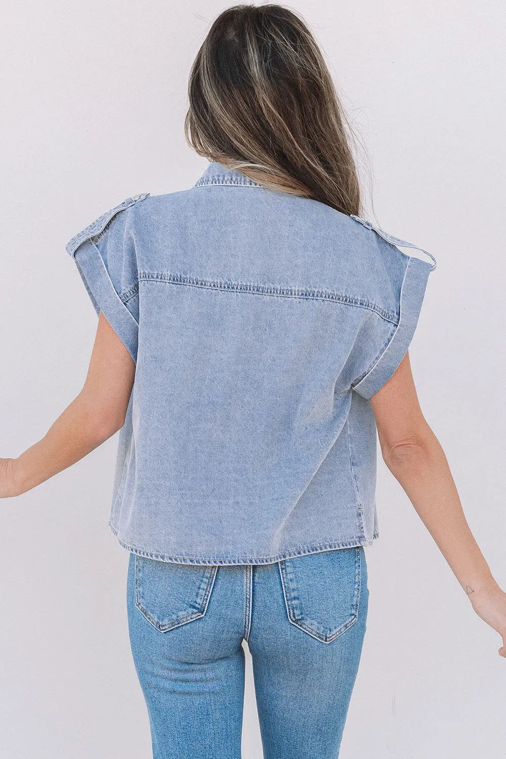 Emelia Denim Pinup Folded Cap Sleeve Shirt by Threaded Pear sold by Zulily product image thumbnail 2