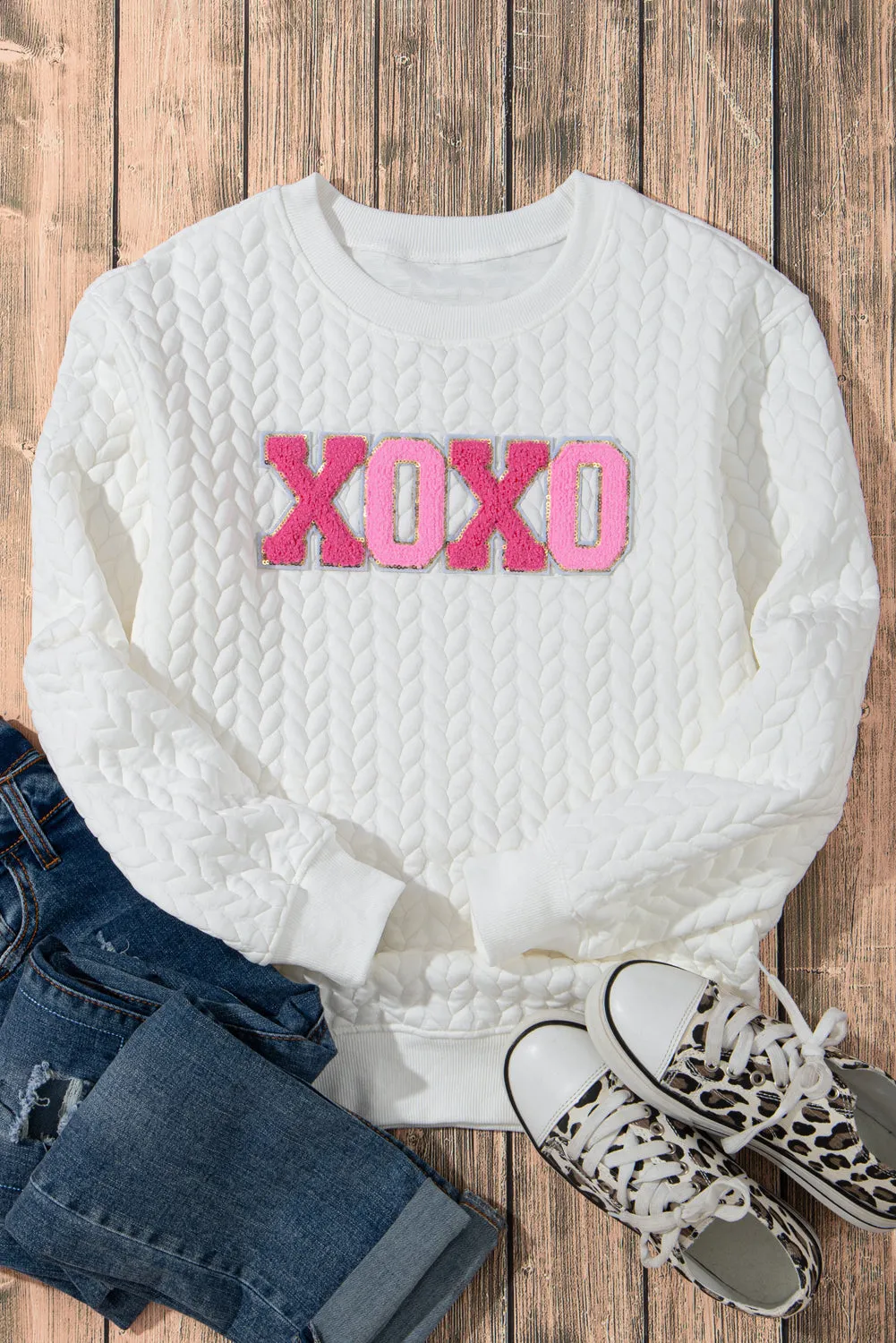 Logan XOXO Glitter Chenille Cable Knit Pullover Sweatshirt by Threaded Pear sold by Zulily product image thumbnail 2