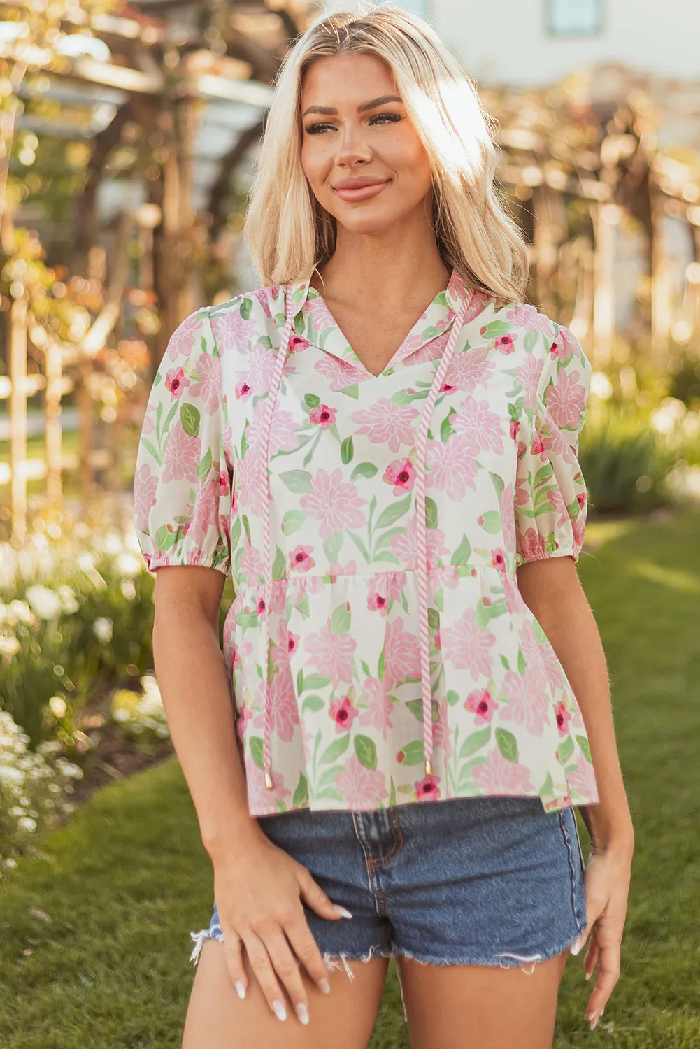 Natasha Floral Drawstring V Neck Peplum Blouse by Threaded Pear sold by Zulily product image thumbnail 5