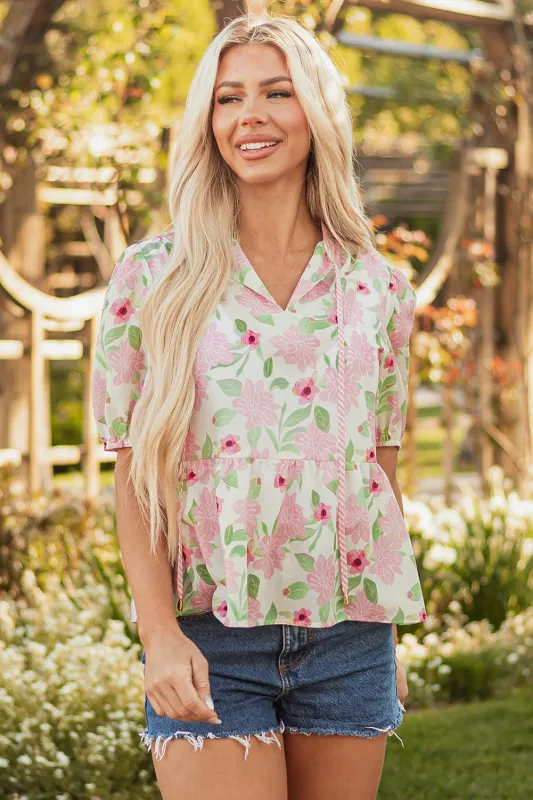 Natasha Floral Drawstring V Neck Peplum Blouse by Threaded Pear sold by Zulily