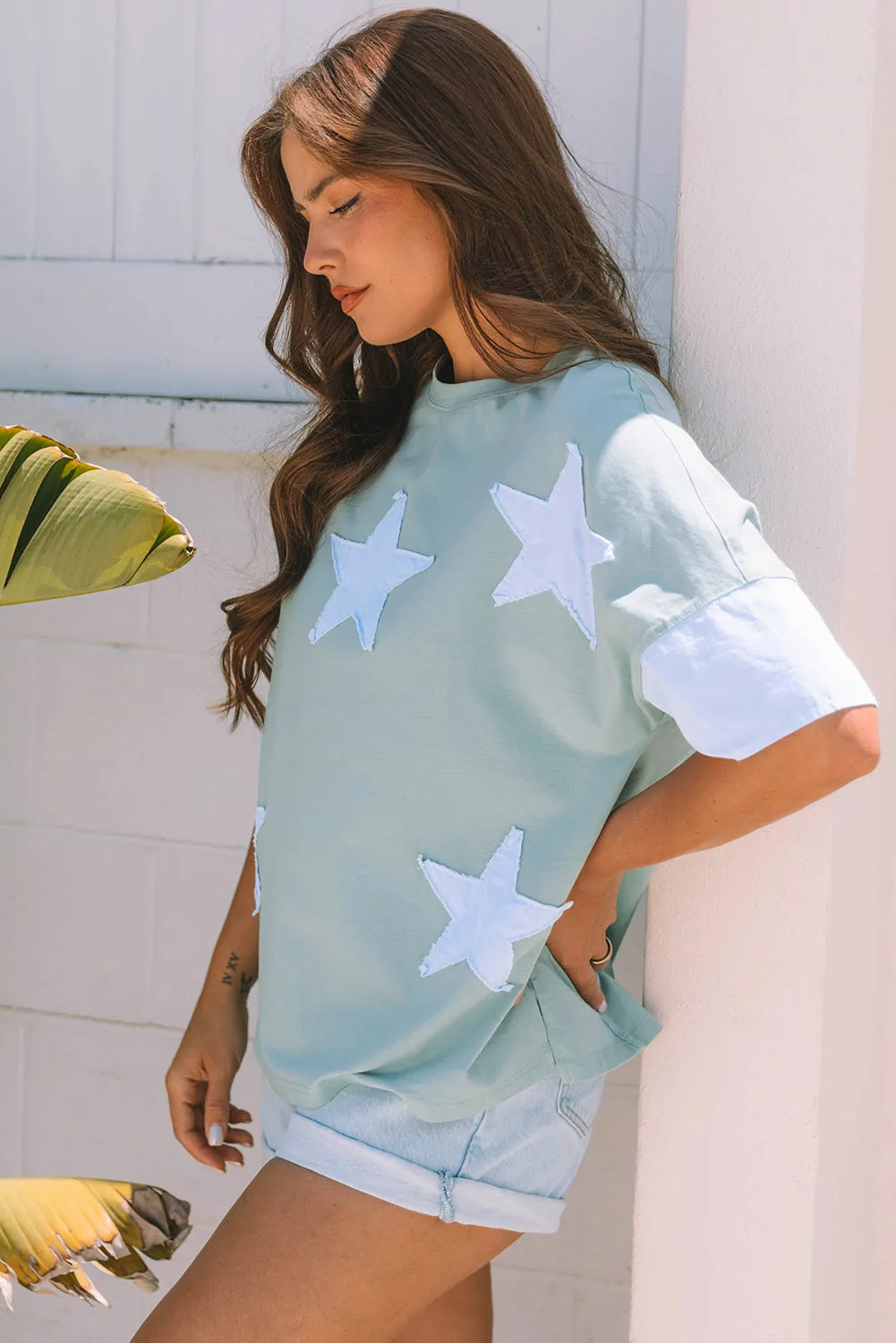 Etta Frayed Denim Star Patched Oversize Top by Threaded Pear sold by Zulily product image thumbnail 4
