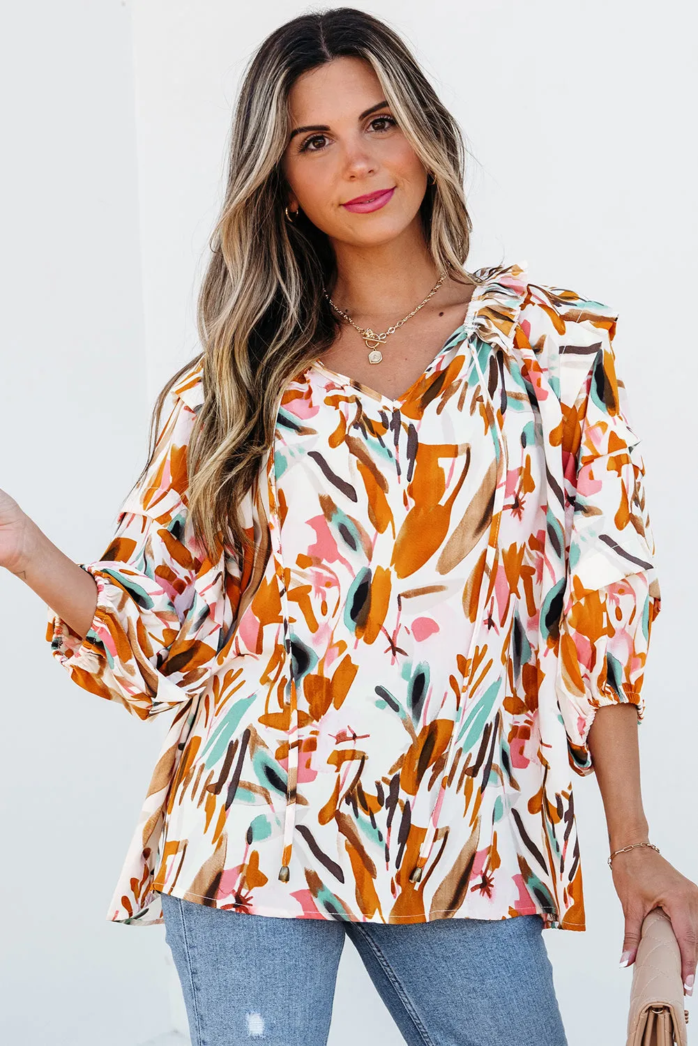 Aurelia Drawstring Frilled V Neck 3/4 Sleeve Blouse by Threaded Pear sold by Zulily product image thumbnail 4