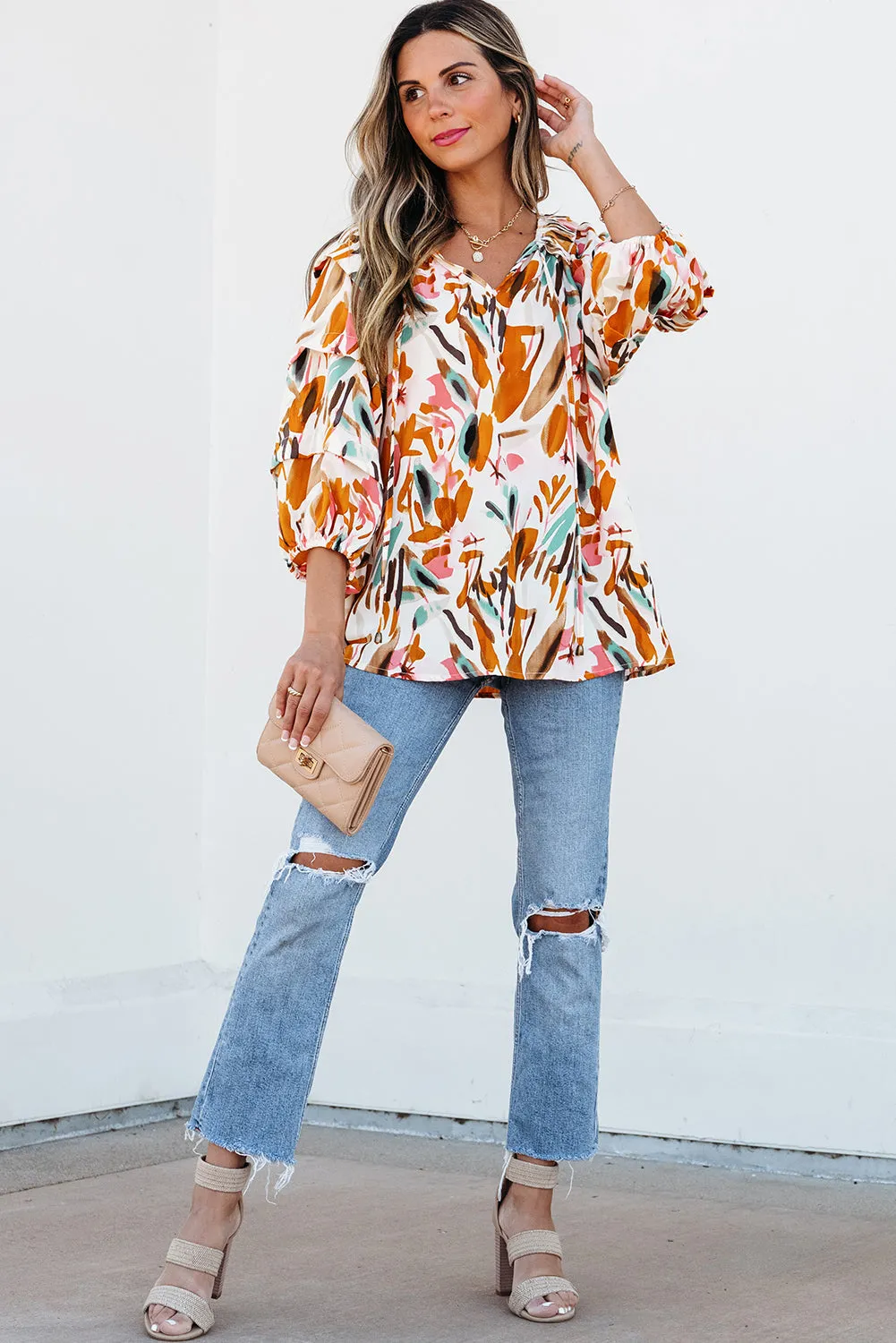 Aurelia Drawstring Frilled V Neck 3/4 Sleeve Blouse by Threaded Pear sold by Zulily product image thumbnail 5