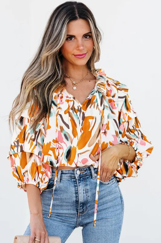 Aurelia Drawstring Frilled V Neck 3/4 Sleeve Blouse by Threaded Pear sold by Zulily