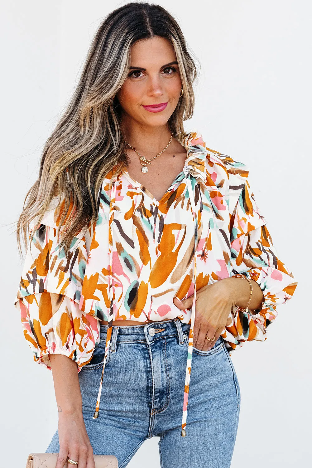 Aurelia Drawstring Frilled V Neck 3/4 Sleeve Blouse by Threaded Pear sold by Zulily