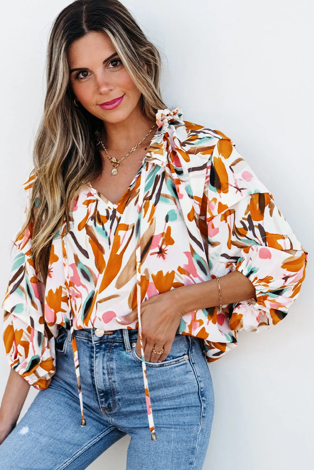 Aurelia Drawstring Frilled V Neck 3/4 Sleeve Blouse by Threaded Pear sold by Zulily product image thumbnail 3