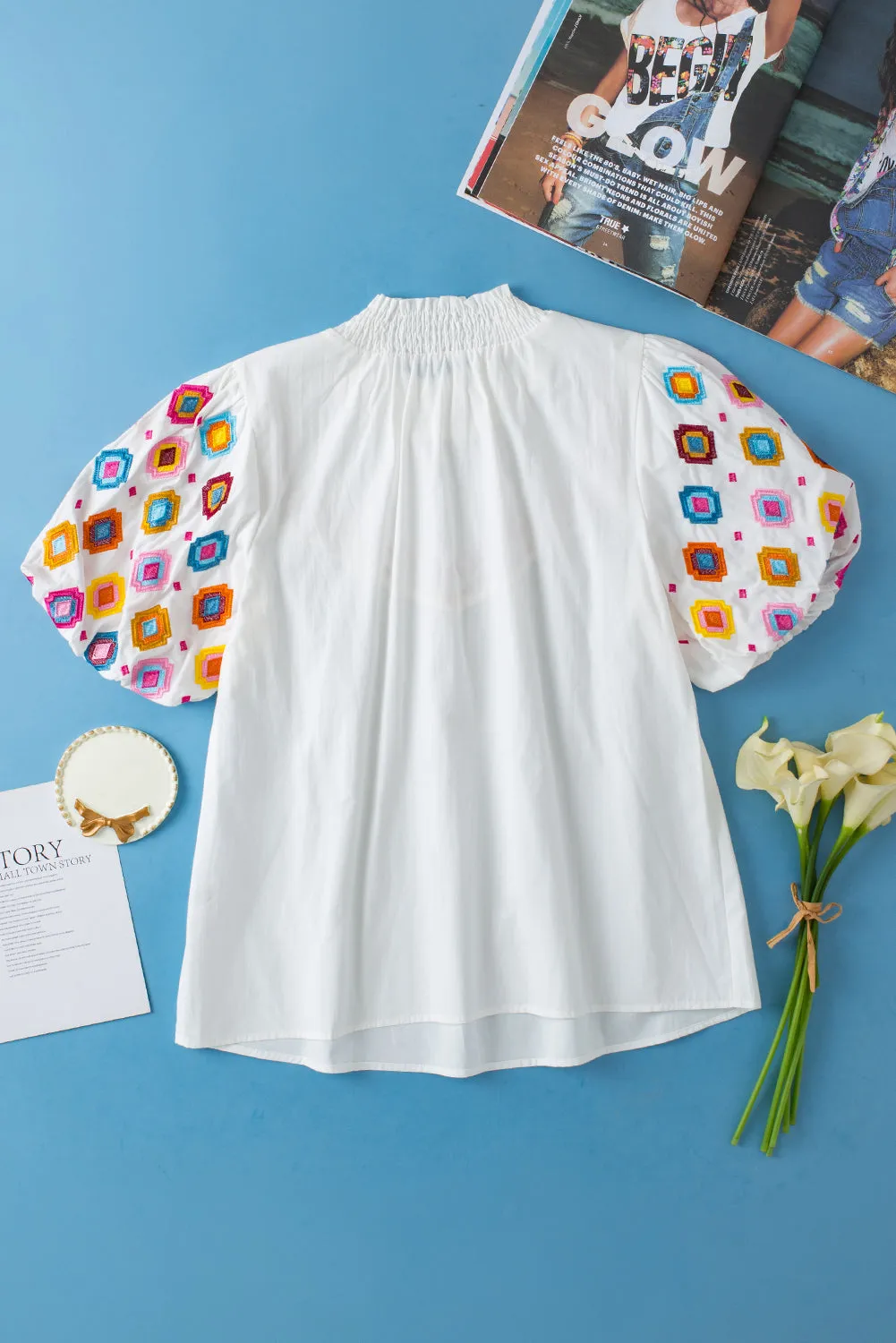 Khaleesi Embroidered Smocked Neck Puff Sleeve Top by Threaded Pear sold by Zulily product image thumbnail 5