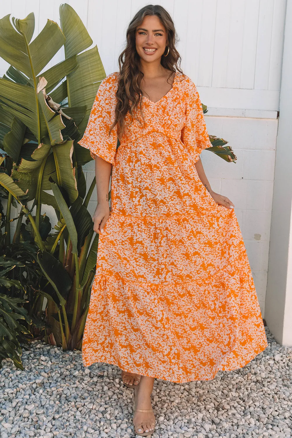 Eileen Floral V Neck Wide Sleeve Maxi Dress by Threaded Pear sold by Zulily product image thumbnail 5