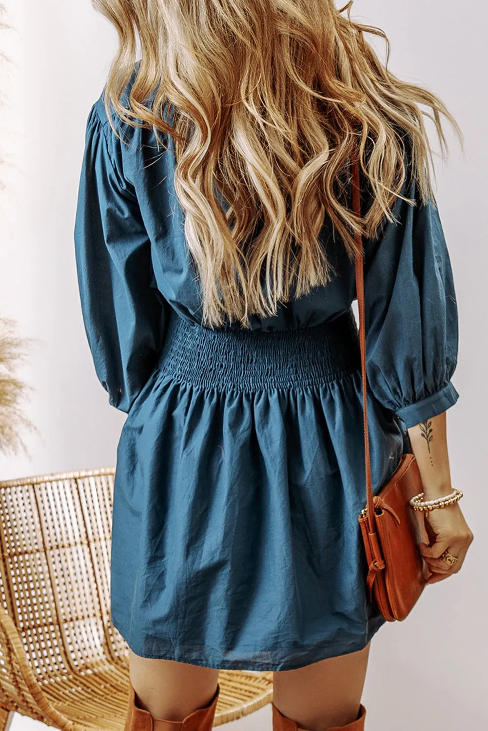 Vera 3/4 Sleeve Shirred High Waist Buttoned Dress by Threaded Pear sold by Zulily product image thumbnail 2