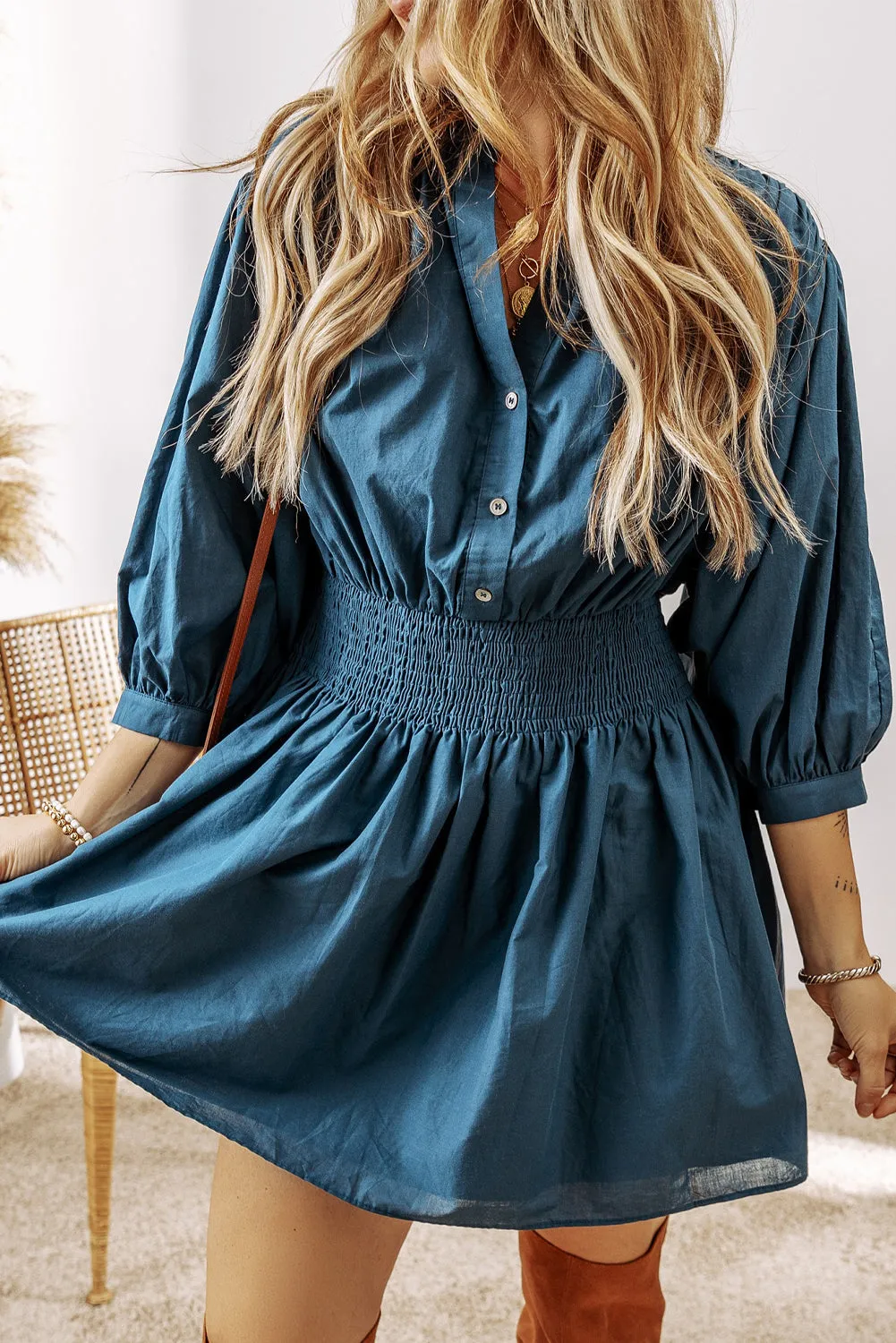 Vera 3/4 Sleeve Shirred High Waist Buttoned Dress by Threaded Pear sold by Zulily