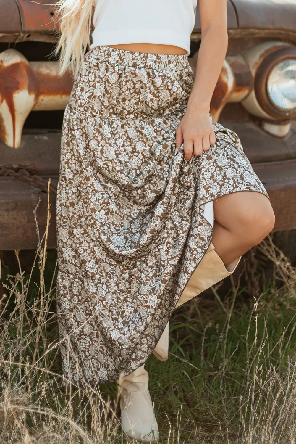 Cadence Western Floral Print Ruffled Hem Maxi Skirt by Threaded Pear sold by Zulily product image thumbnail 5
