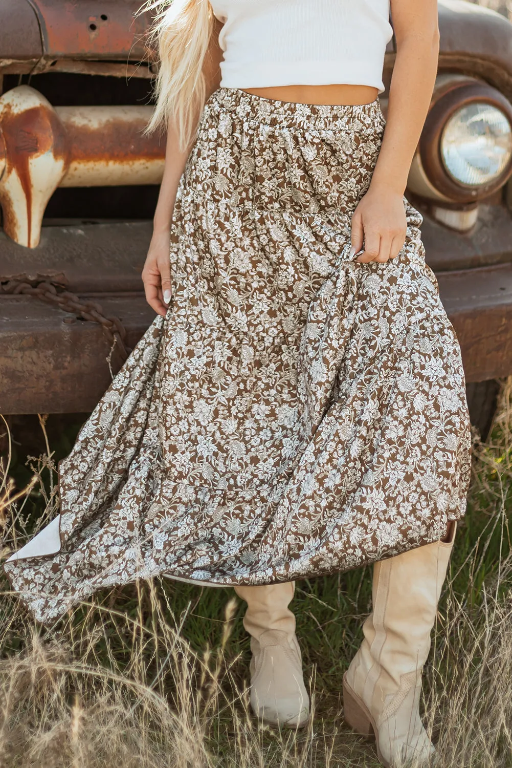 Cadence Western Floral Print Ruffled Hem Maxi Skirt by Threaded Pear sold by Zulily product image thumbnail 4