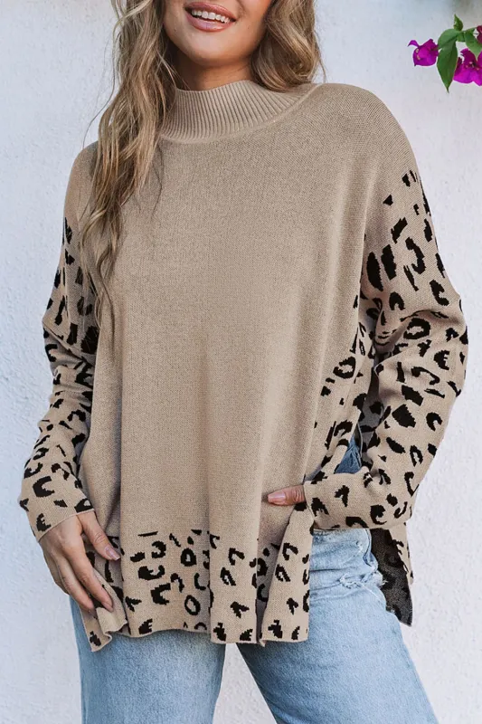 Sarai Leopard High Neck Side Slit Oversized Sweater by Threaded Pear sold by Zulily