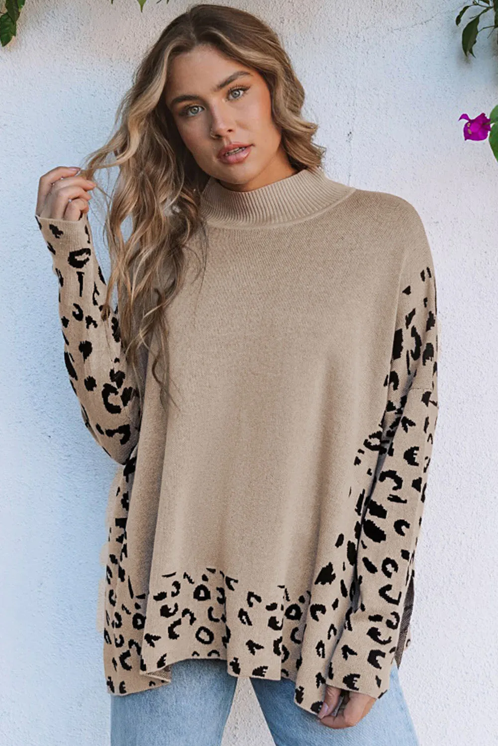 Sarai Leopard High Neck Side Slit Oversized Sweater by Threaded Pear sold by Zulily product image thumbnail 3