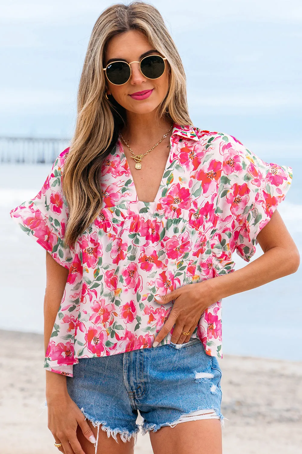 Zoya Floral Ruffled Short Sleeve Blouse by Threaded Pear sold by Zulily