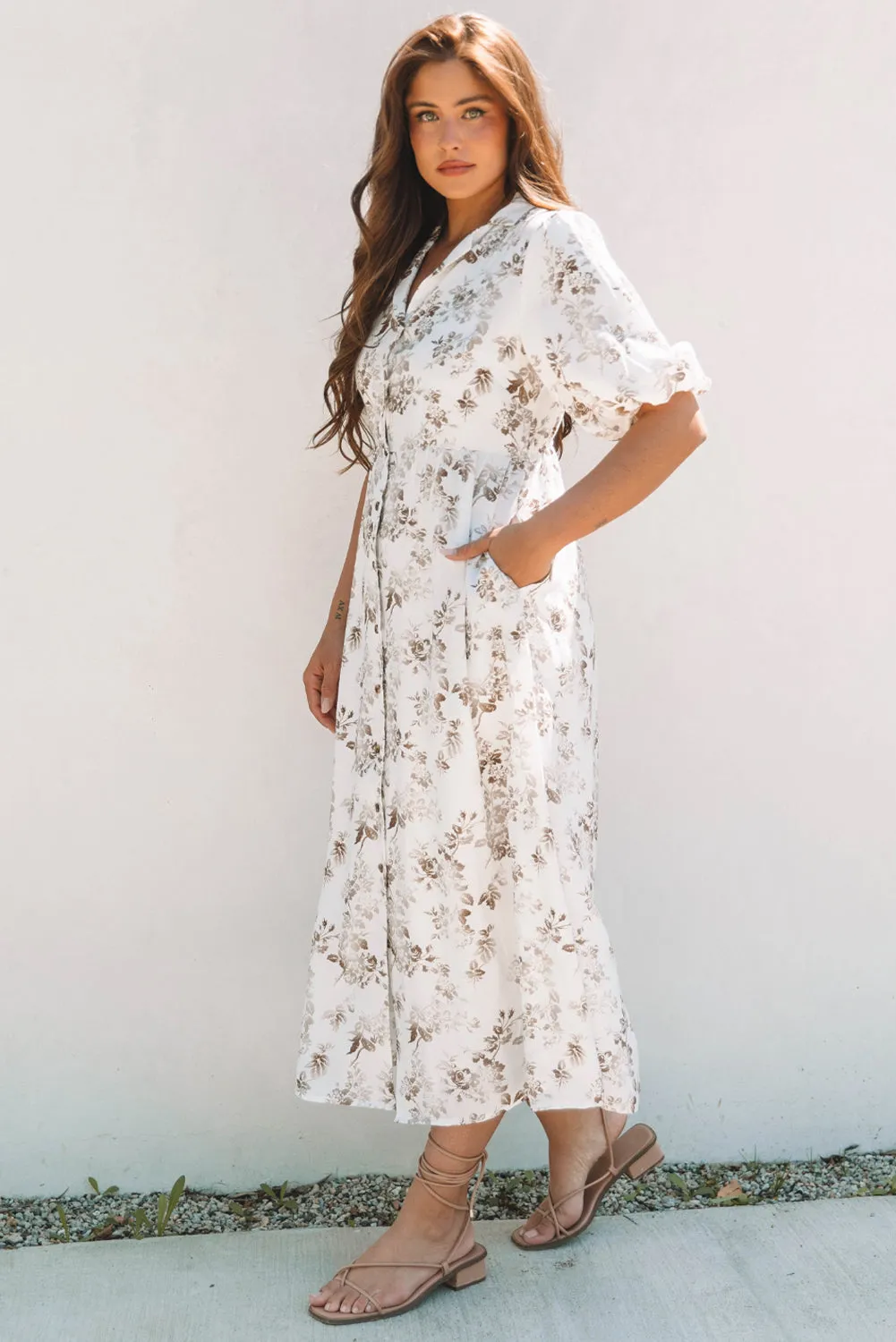 Iliana Floral Puff Sleeve V Neck Buttoned Front Maxi Dress by Threaded Pear sold by Zulily product image thumbnail 3