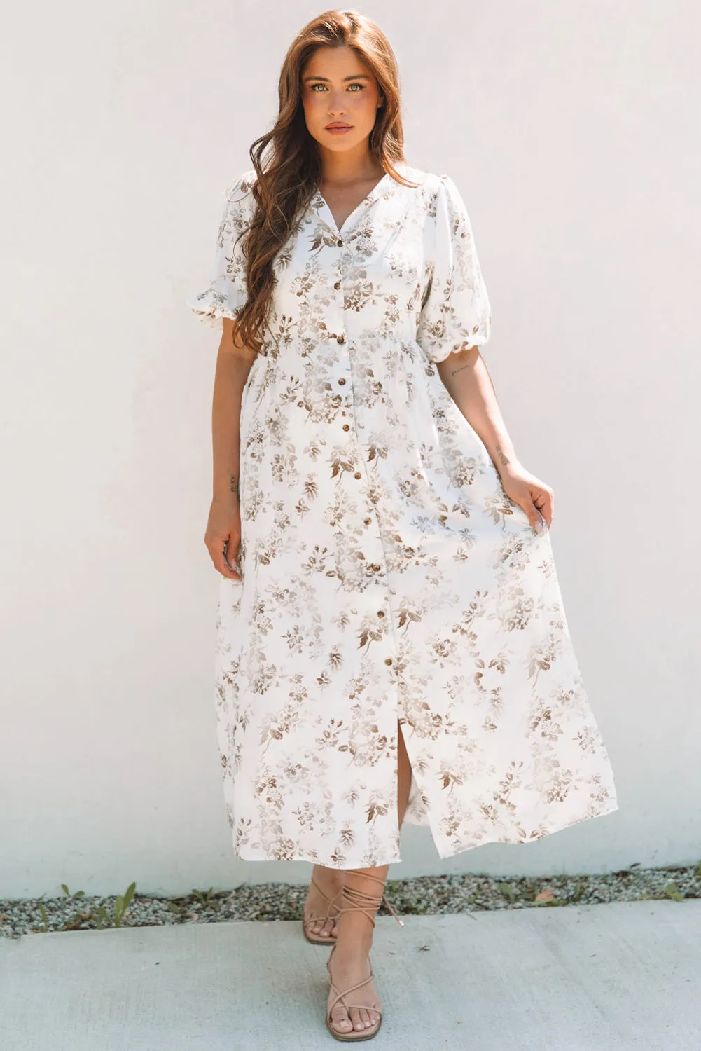 Iliana Floral Puff Sleeve V Neck Buttoned Front Maxi Dress by Threaded Pear sold by Zulily product image thumbnail 4
