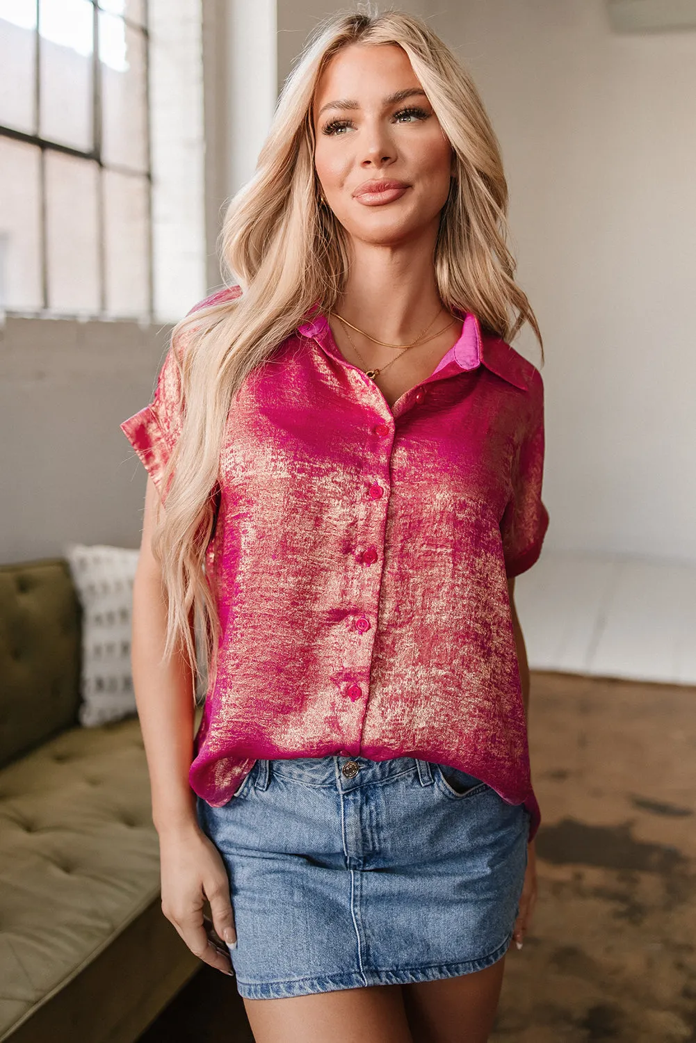 Amoura Metallic Sheen Buttoned Top by Threaded Pear sold by Zulily product image thumbnail 5