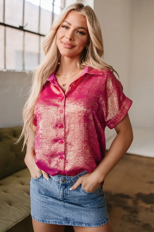 Amoura Metallic Sheen Buttoned Top by Threaded Pear sold by Zulily