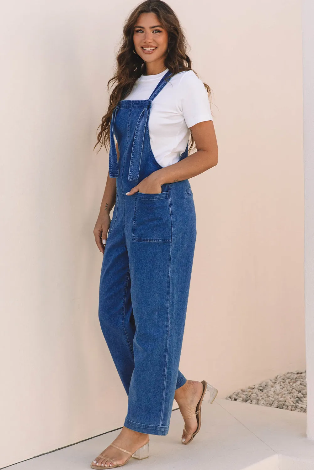 Elodie Knotted Strap Wide Leg Denim Overalls by Threaded Pear sold by Zulily product image thumbnail 3
