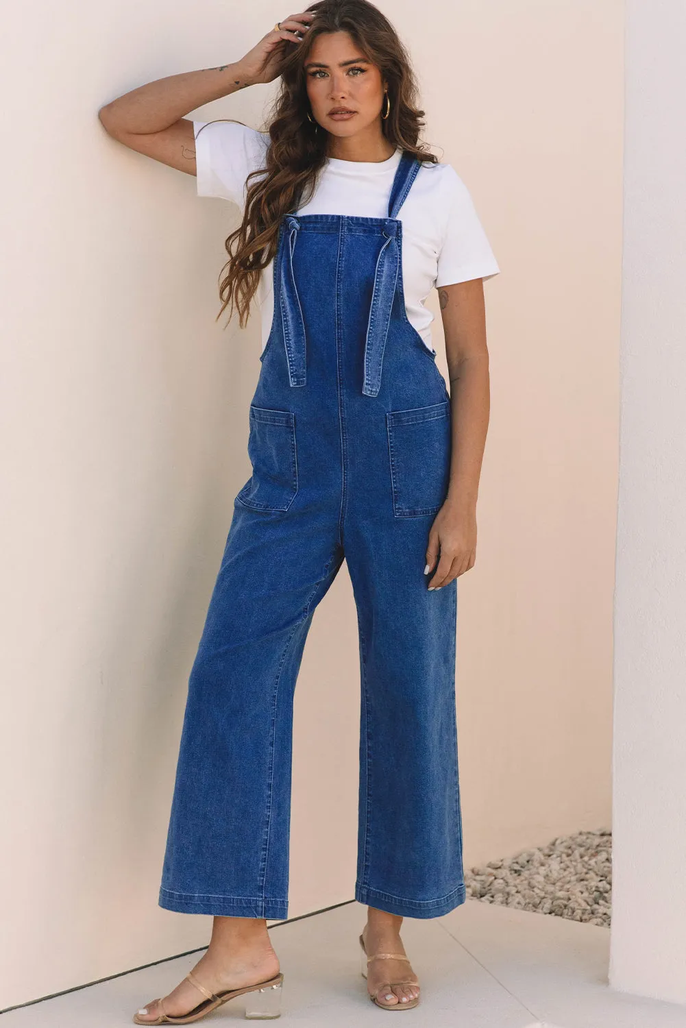 Elodie Knotted Strap Wide Leg Denim Overalls by Threaded Pear sold by Zulily product image thumbnail 4