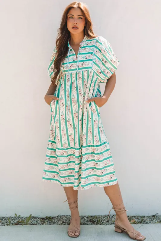 Billie Striped Floral Tie Split Neck Puff Sleeve Midi Dress by Threaded Pear sold by Zulily