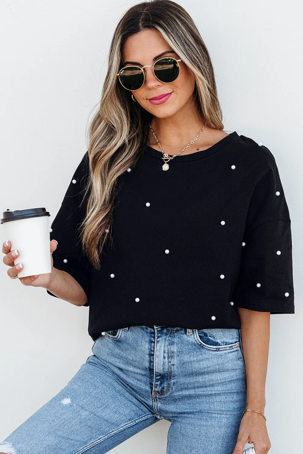 Demi Pearl Beaded Drop Shoulder Crewneck Top by Threaded Pear sold by Zulily product image thumbnail 3