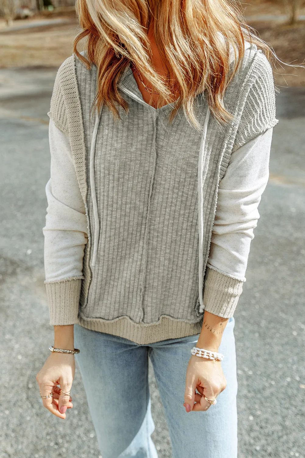 Skylar Long Sleeve Textured Knit Patchwork Hoodie by Threaded Pear sold by Zulily product image thumbnail 5