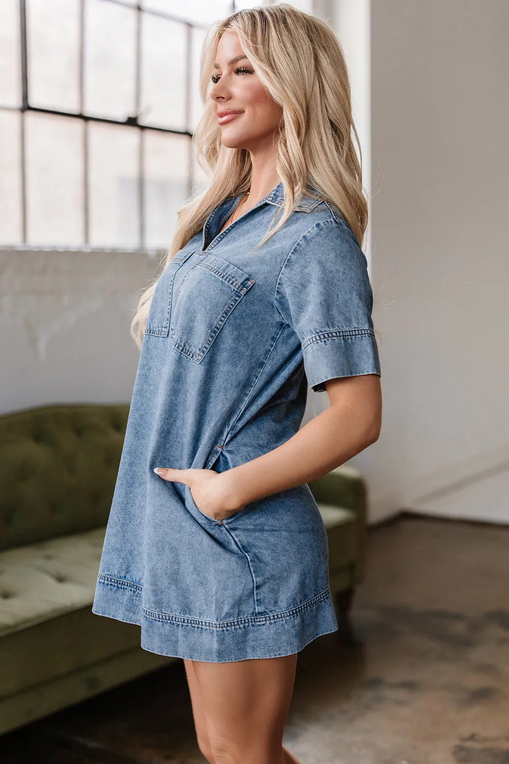 Makenzie Short Sleeve Collared Denim Dress by Threaded Pear sold by Zulily product image thumbnail 3