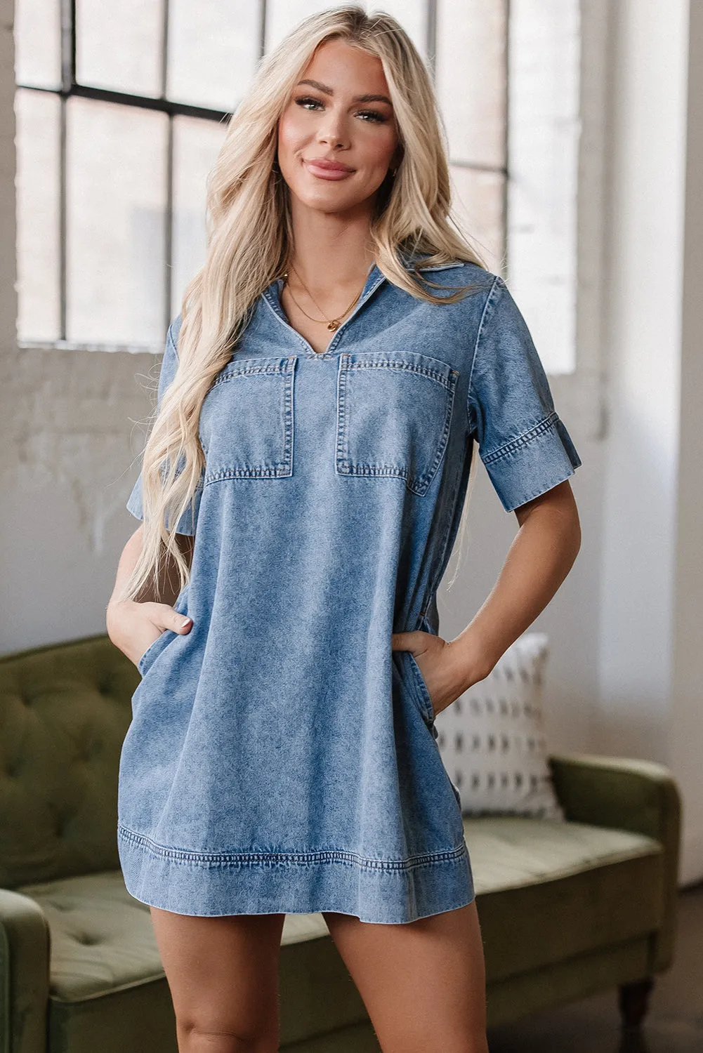 Makenzie Short Sleeve Collared Denim Dress by Threaded Pear sold by Zulily product image thumbnail 5