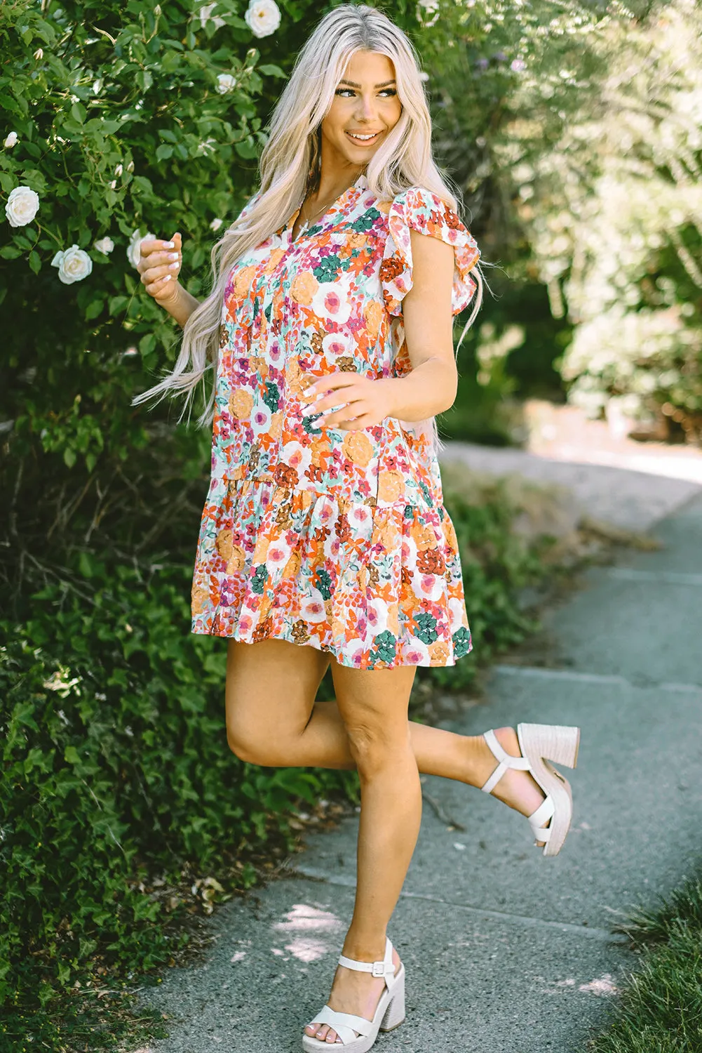 August Floral Print Split Neck Flutter Sleeve Dress by Threaded Pear sold by Zulily product image thumbnail 5