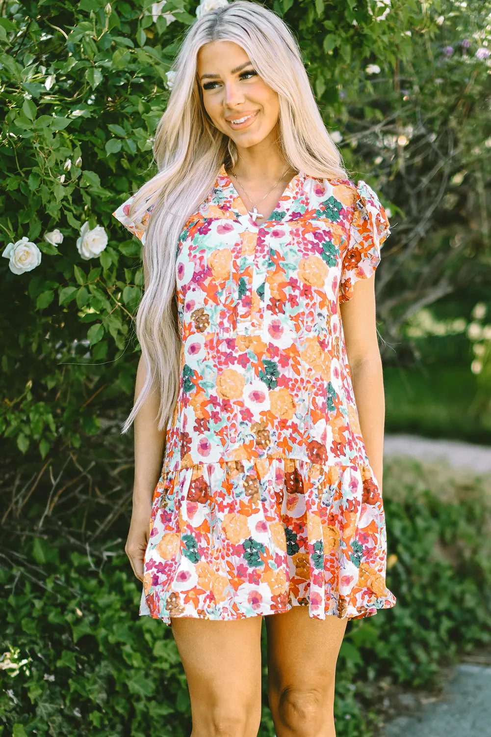August Floral Print Split Neck Flutter Sleeve Dress by Threaded Pear sold by Zulily