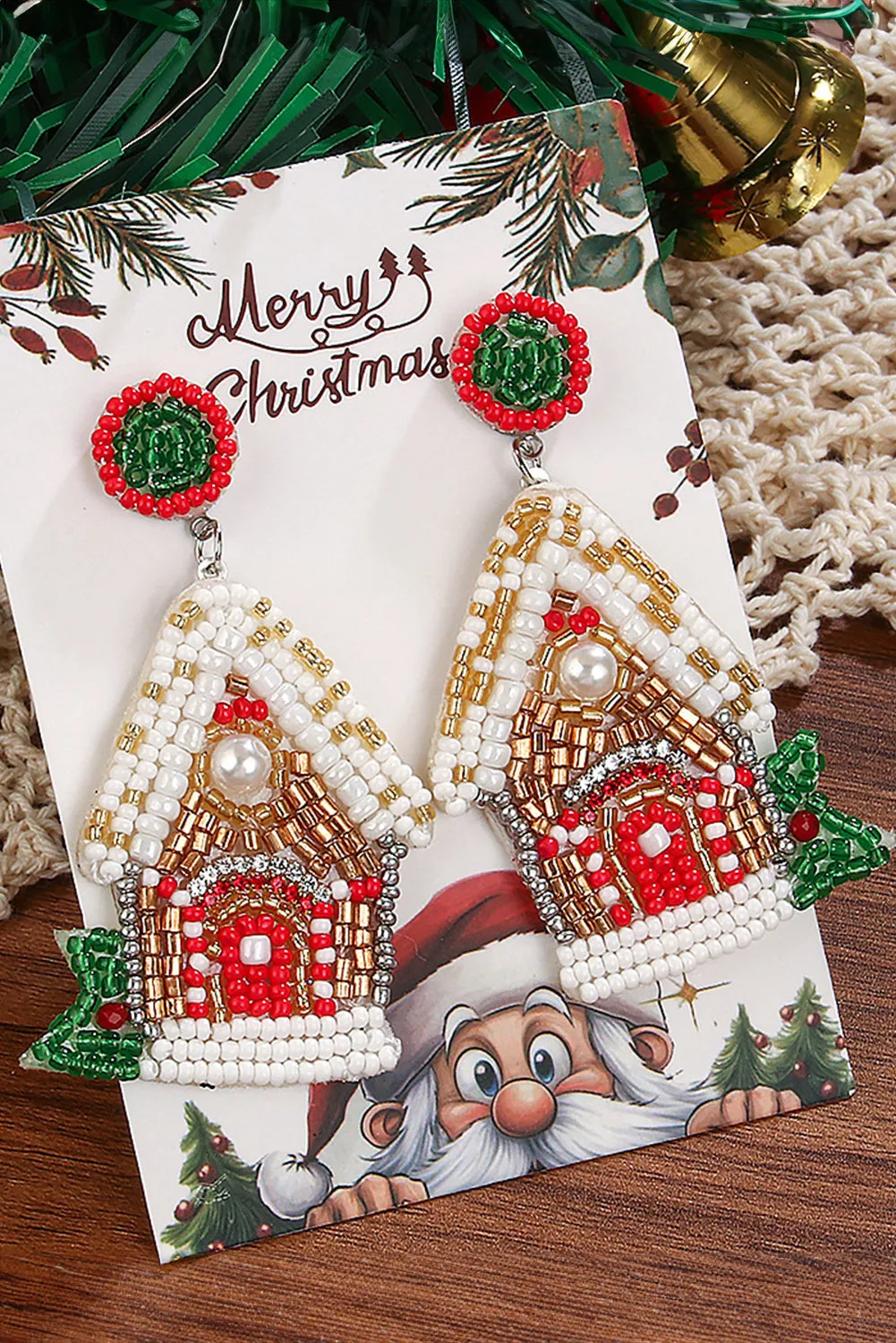 White Christmas Style House Beaded Stud Dangle Earrings by Threaded Pear sold by Zulily product image thumbnail 2
