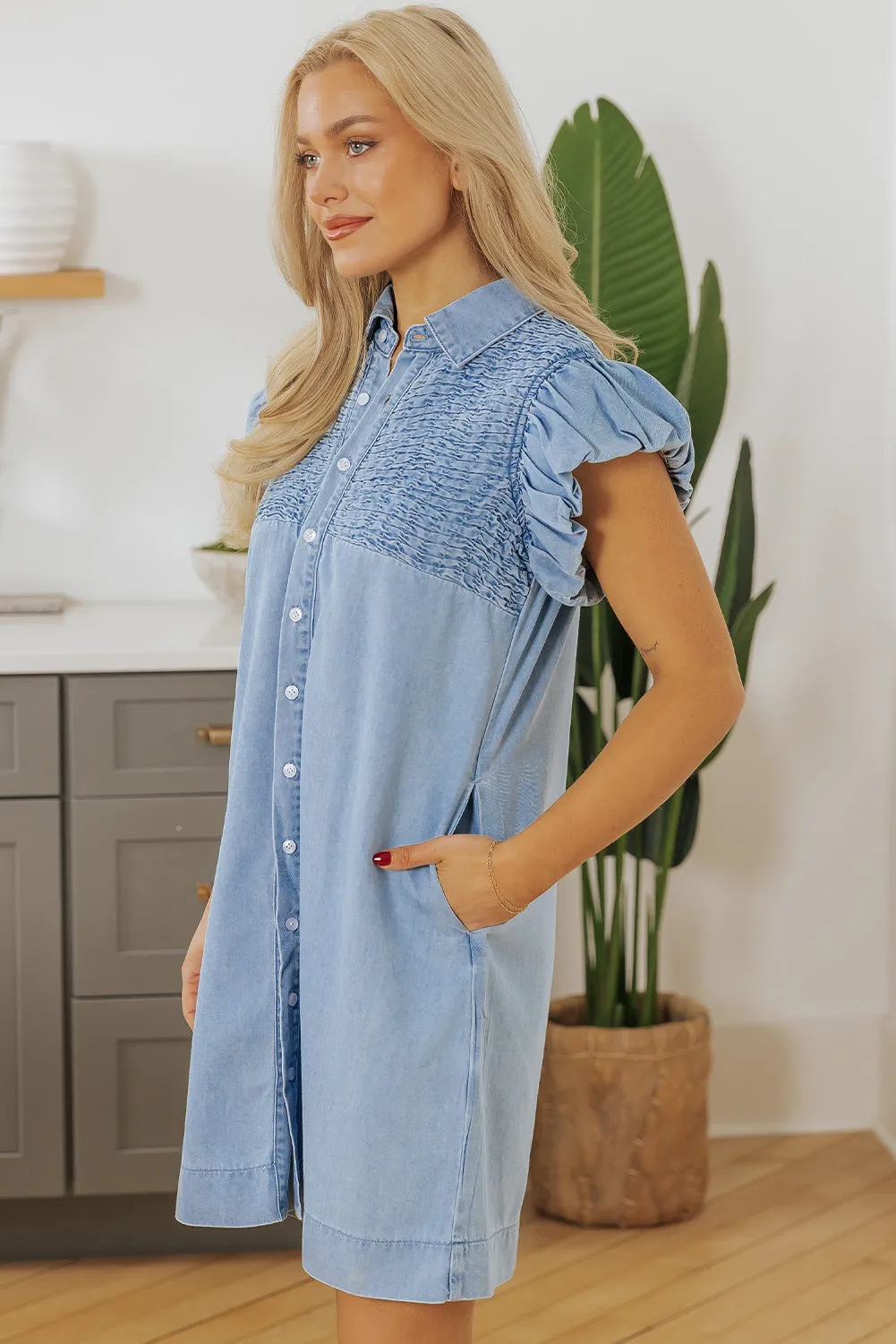 Vanessa Flutter Sleeve Button Up Denim Dress by Threaded Pear sold by Zulily product image thumbnail 2