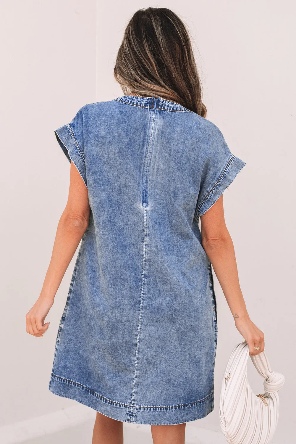 Jacqueline Tie V Neck Denim Shift Dress by Threaded Pear sold by Zulily product image thumbnail 2