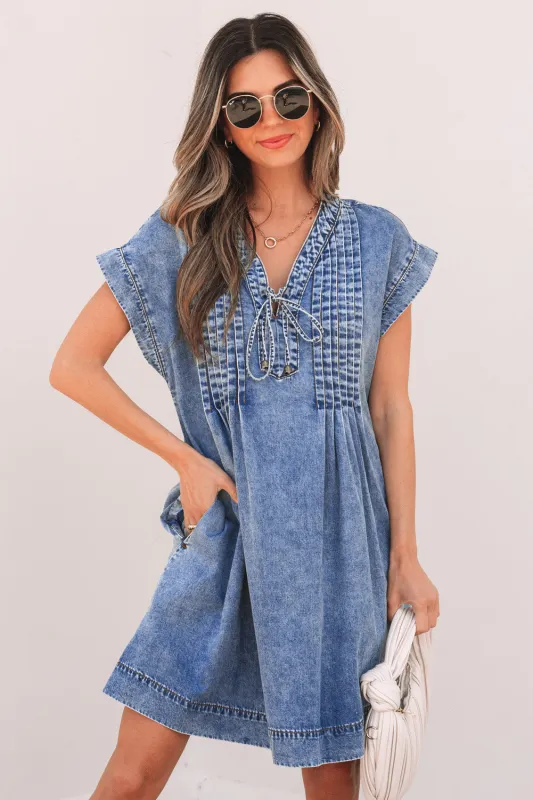 Jacqueline Tie V Neck Denim Shift Dress by Threaded Pear sold by Zulily