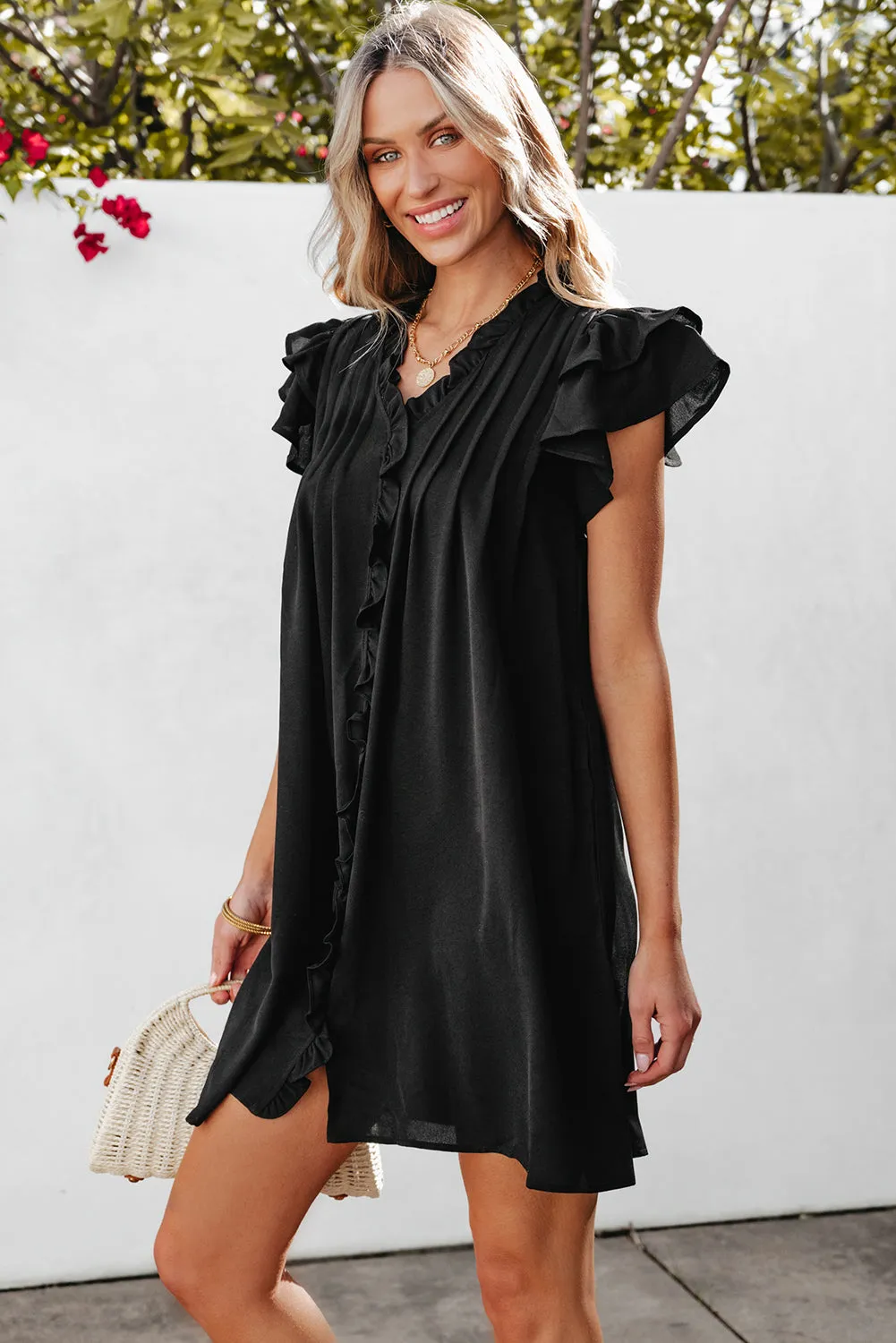 Pearl Ruffle Sleeve V Neck Frilled Shift Dress by Threaded Pear sold by Zulily product image thumbnail 3