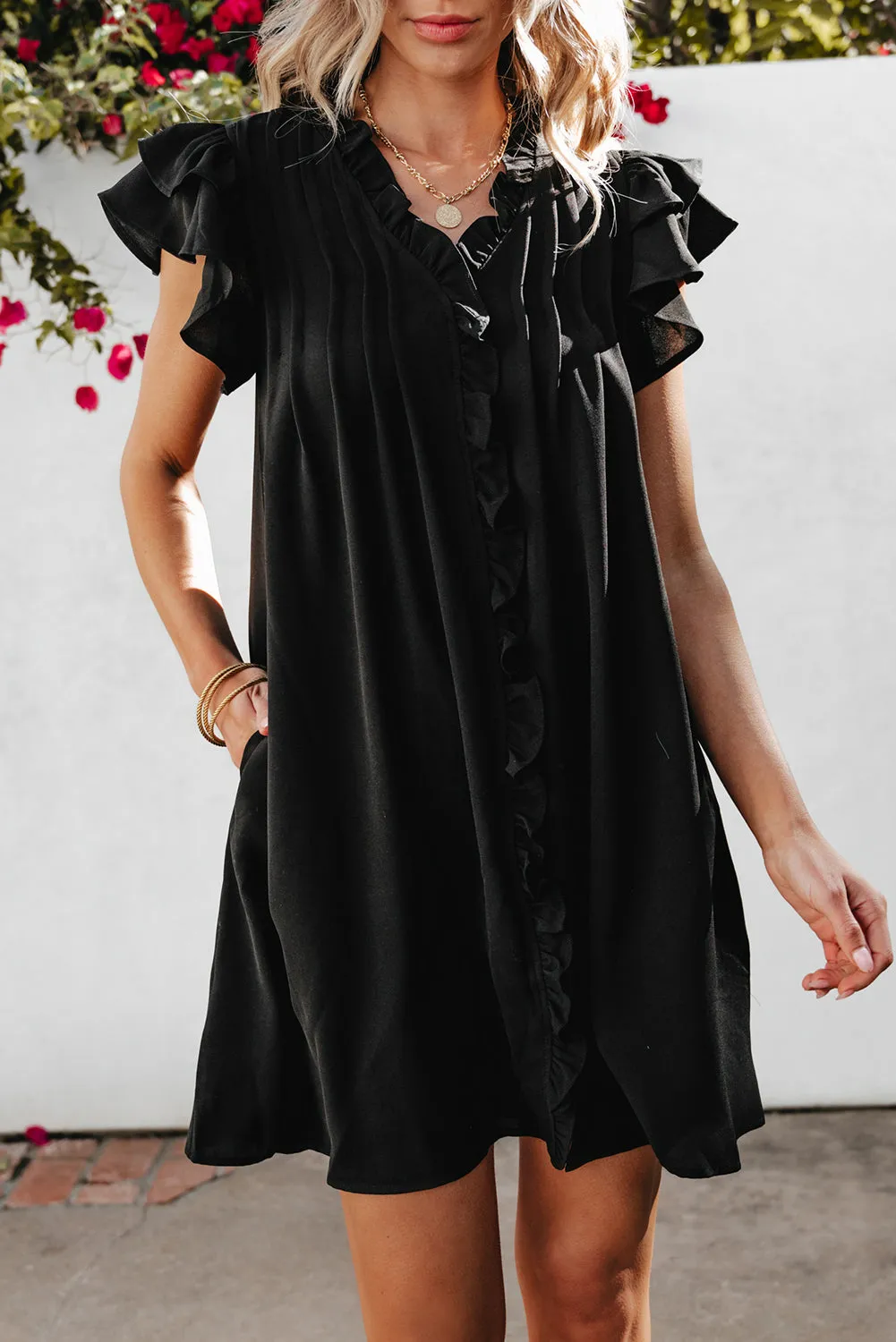 Pearl Ruffle Sleeve V Neck Frilled Shift Dress by Threaded Pear sold by Zulily