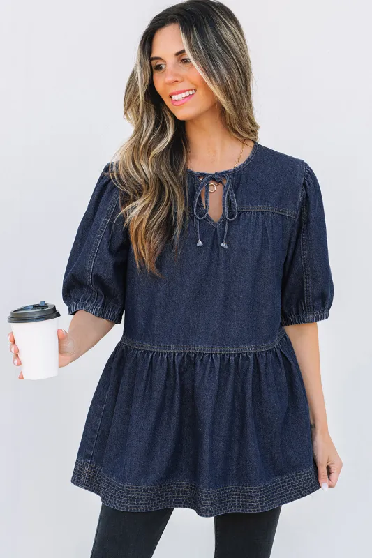 Gracelyn Puff Sleeve Lace-up Neckline Denim Blouse by Threaded Pear sold by Zulily